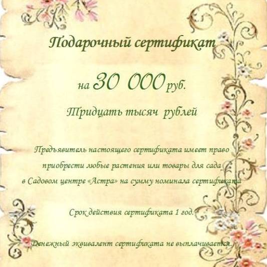 Подарочный сертификат Садового центра "Астра"